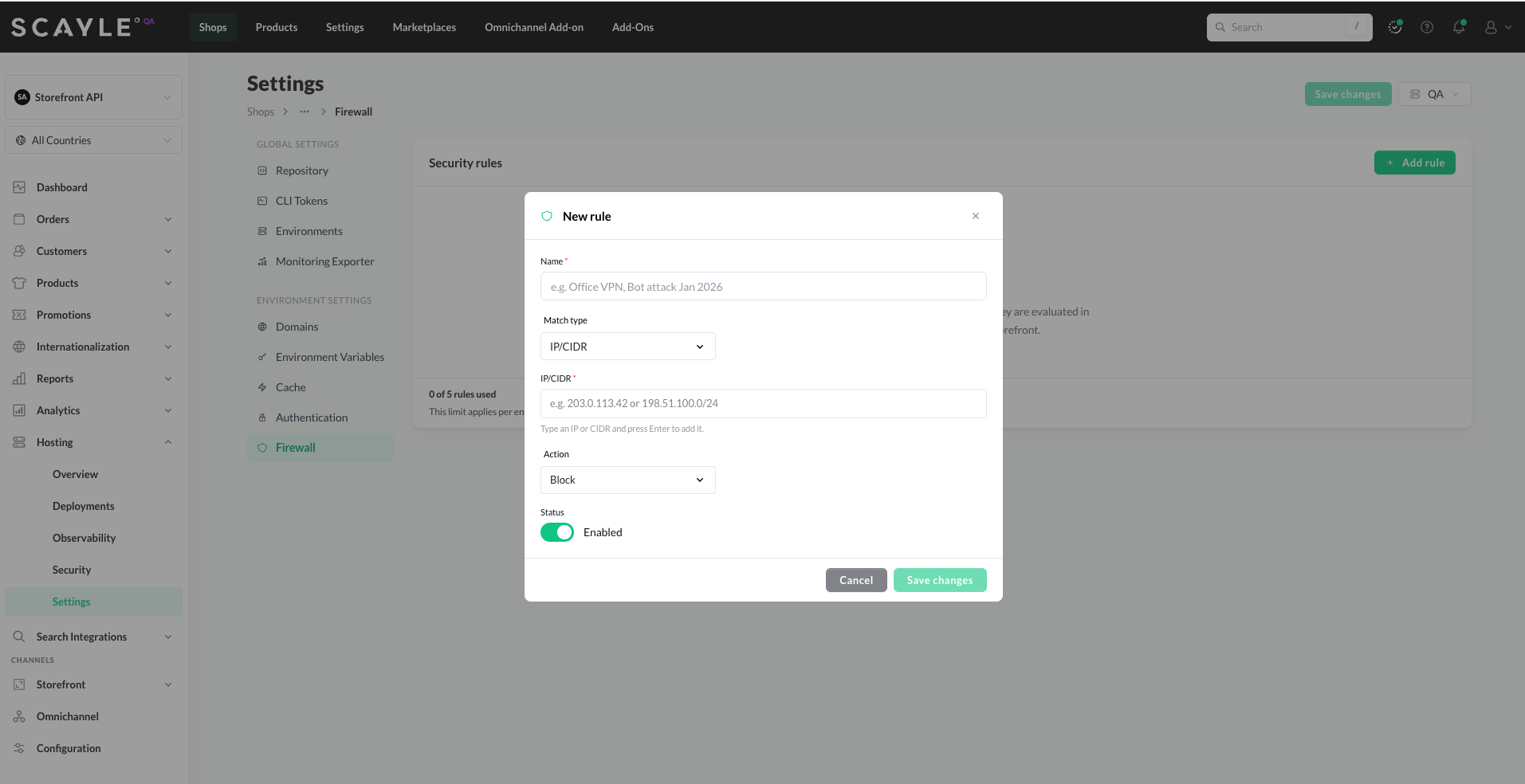 New rule dialog with IP/CIDR match type selected, showing IP address input